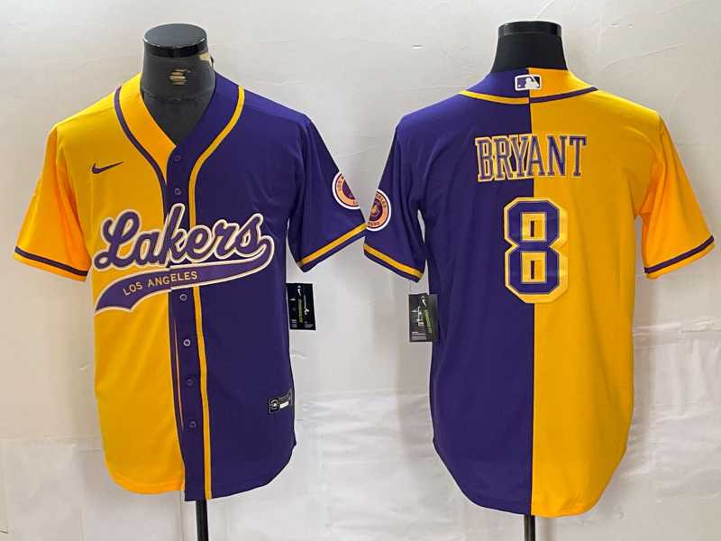 Men's Los Angeles Lakers #8 Kobe Bryant Gold Purple Split Stitched Baseball Jersey,We sell and wholesale Men's Los Angeles Lakers #8 Kobe Bryant Gold Purple Split Stitched Baseball Jersey on line form chian!
